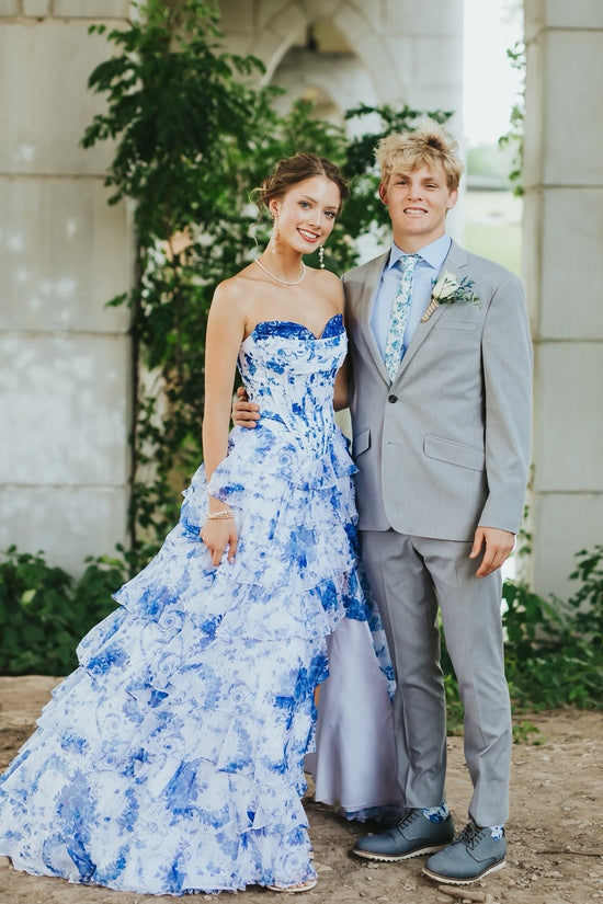 Strapless White and Blue Floral Print Tiered Long Dress – PollyBoutique
