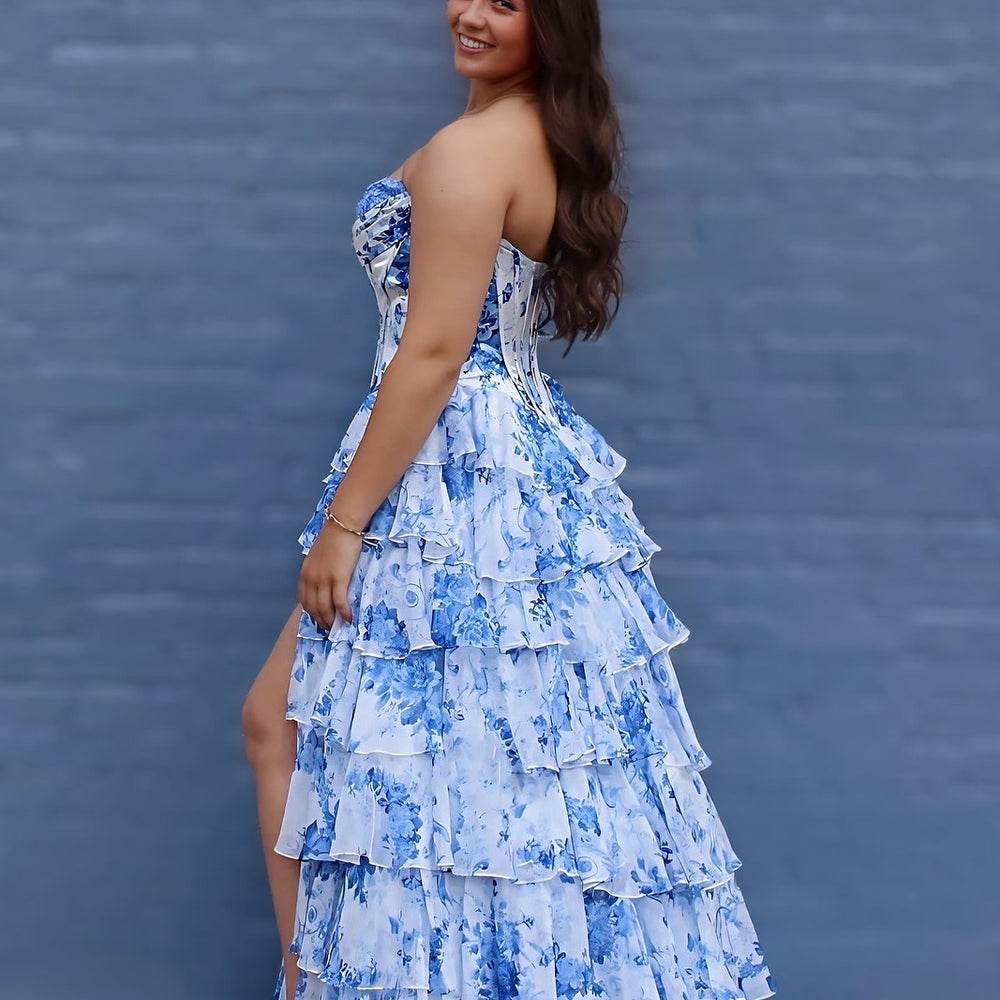 Strapless White and Blue Floral Print Tiered Long Dress PollyBoutique Strapless White and Blue Floral Print Tiered Long Dress PollyBoutique
