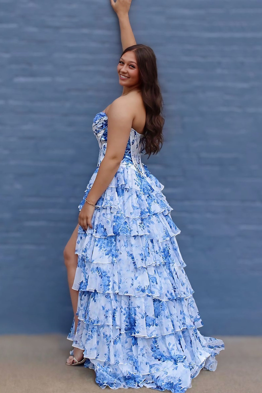 Strapless White and Blue Floral Print Tiered Long Dress – PollyBoutique