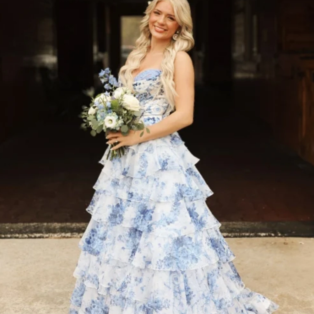 Strapless White and Blue Floral Print Tiered Long Dress PollyBoutique Strapless White and Blue Floral Print Tiered Long Dress PollyBoutique