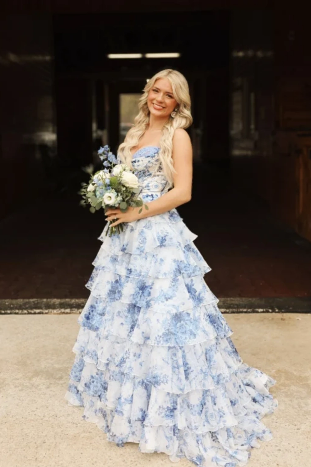 Strapless White and Blue Floral Print Tiered Long Dress