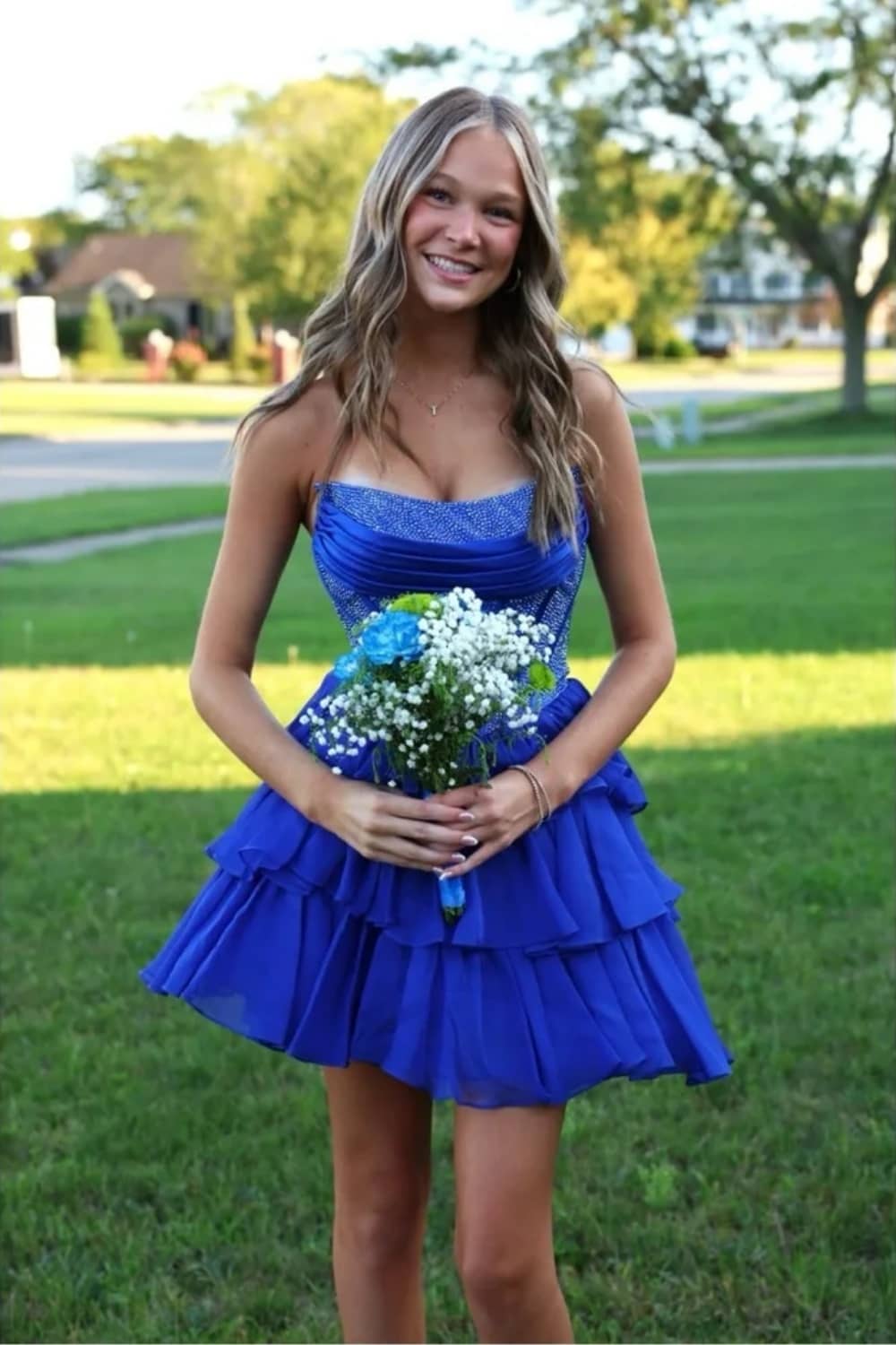Strapless Yellow Beaded Tiered Short Dress