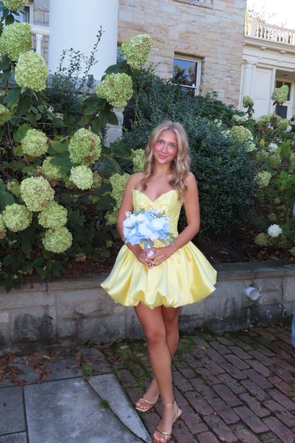 Strapless Yellow Bubble Hem Short Dress with Bow