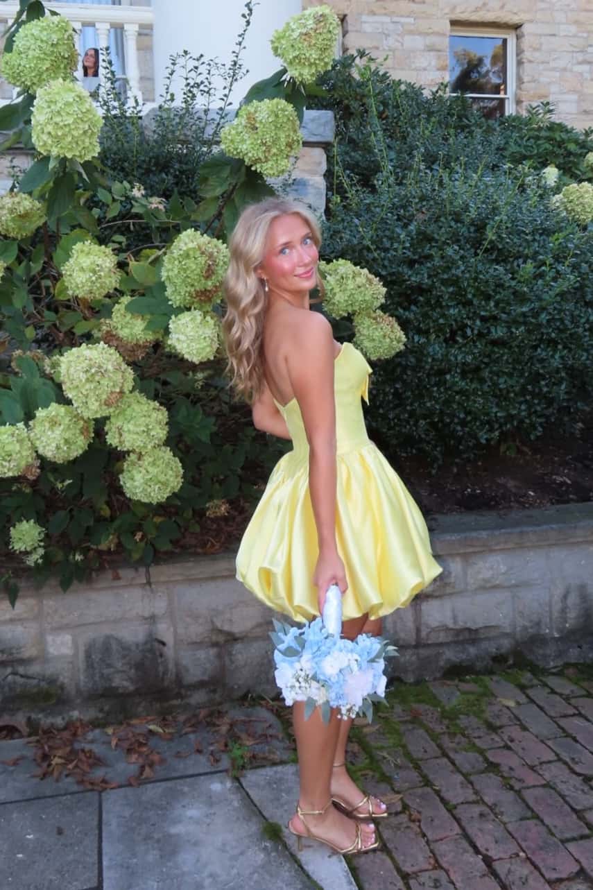 Strapless Yellow Bubble Hem Short Dress with Bow