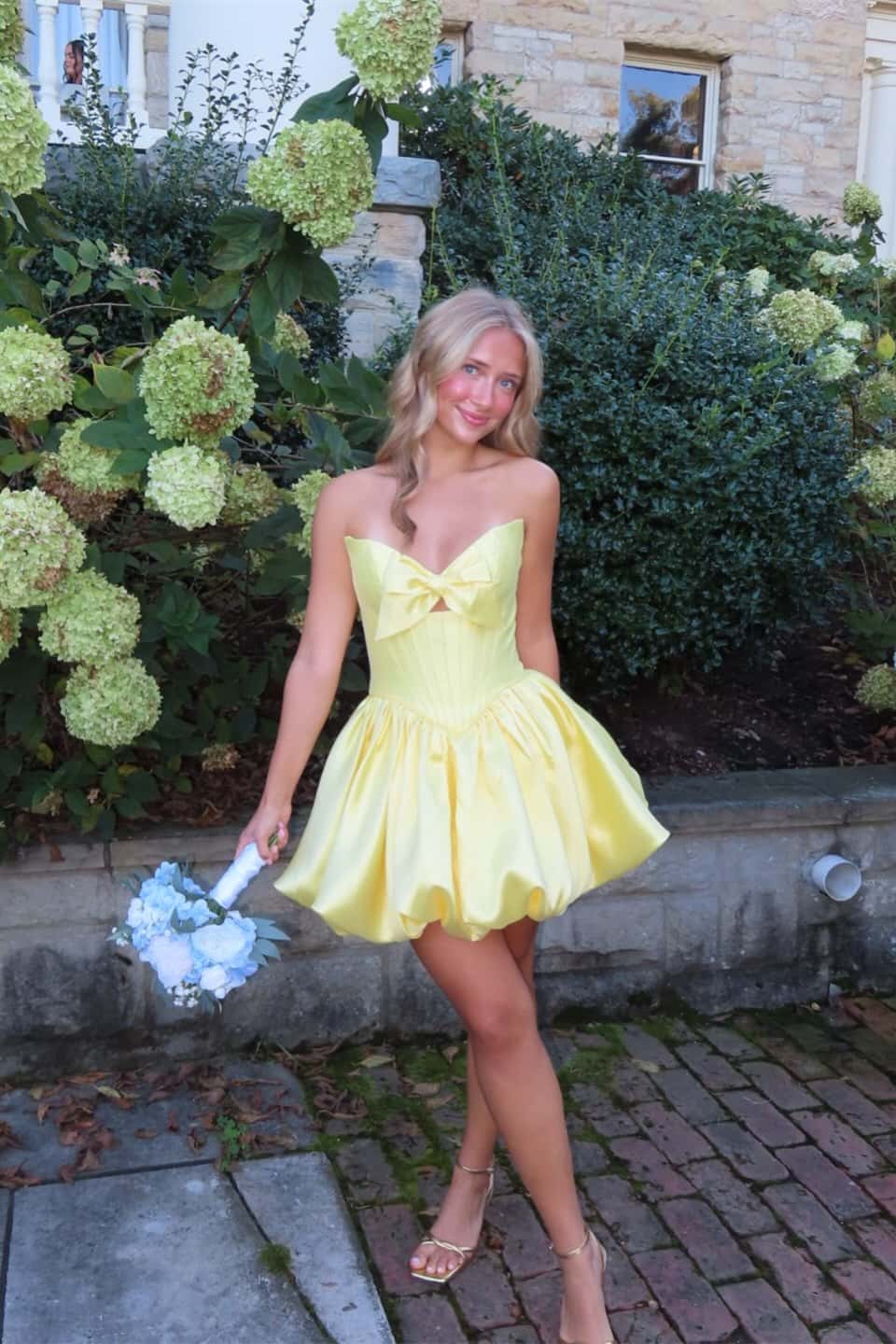 Strapless Yellow Bubble Hem Short Dress with Bow
