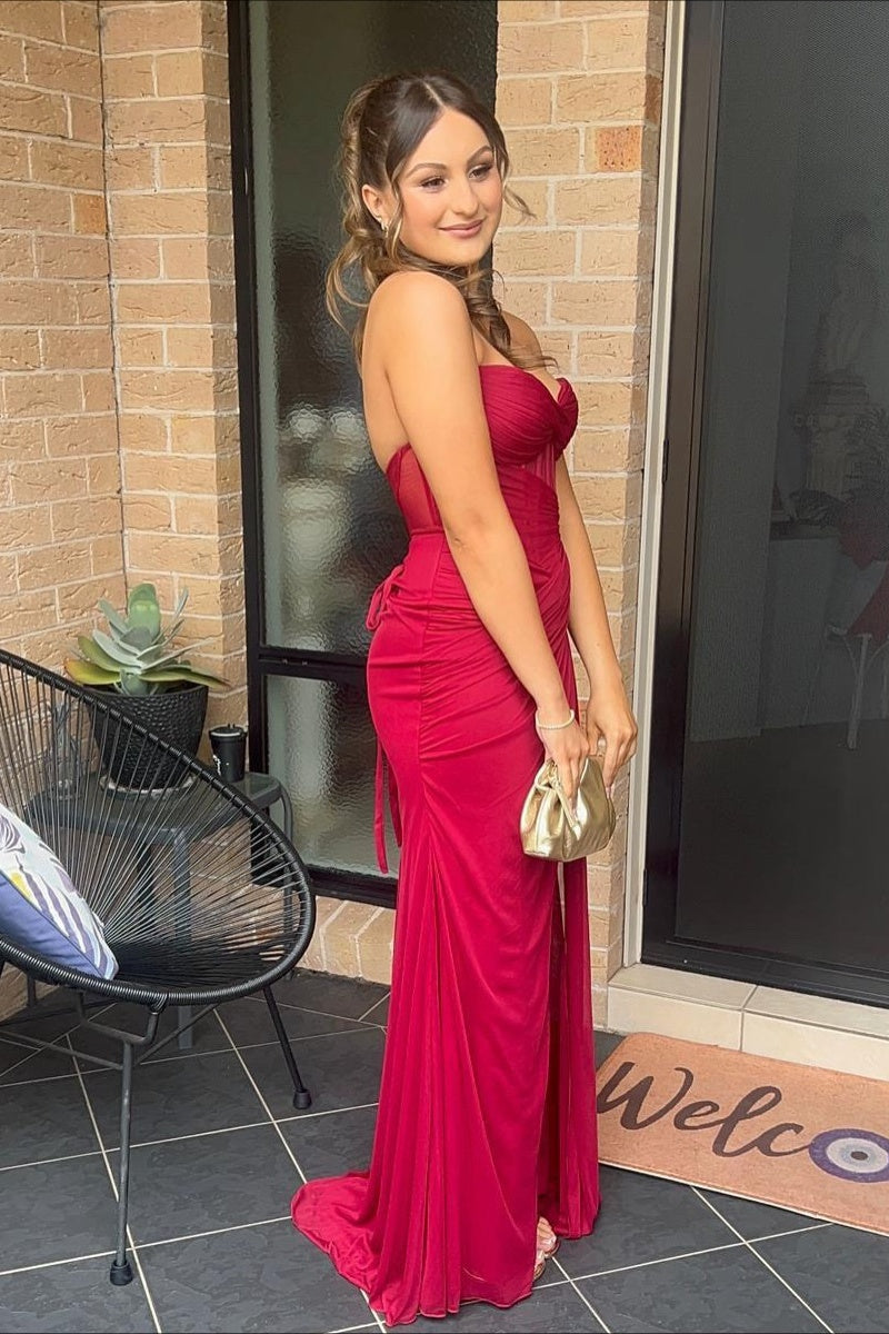 Strapless Yellow Draped Fitted Maxi Dress with Slit