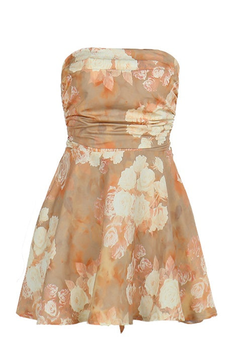 Strapless Yellow Floral Print Back Tie Short Dress