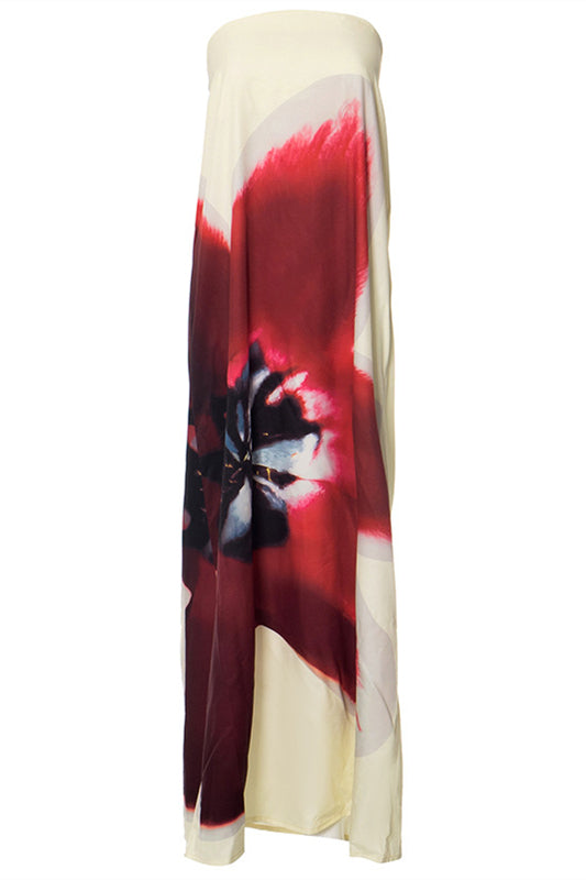 Strapless Yellow Floral Print Open Back Long Dress