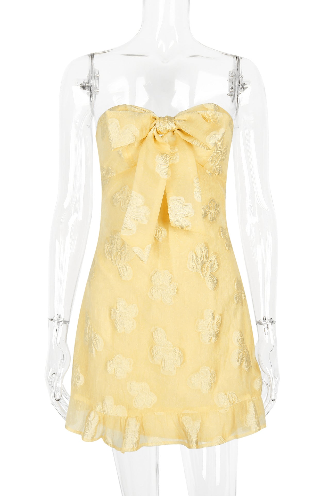 Strapless Pink Floral Print Short Dress with Bow