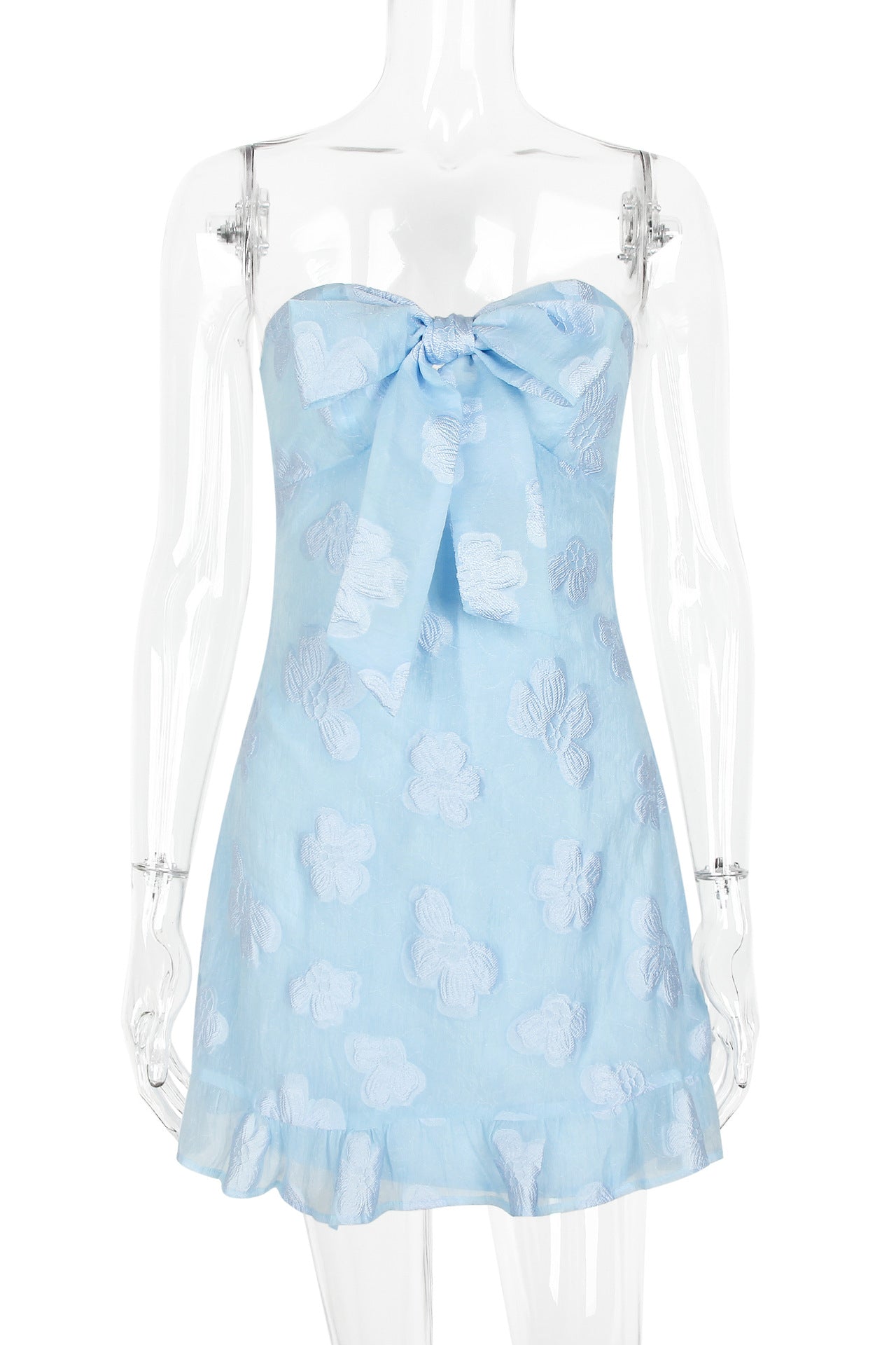 Strapless Pink Floral Print Short Dress with Bow