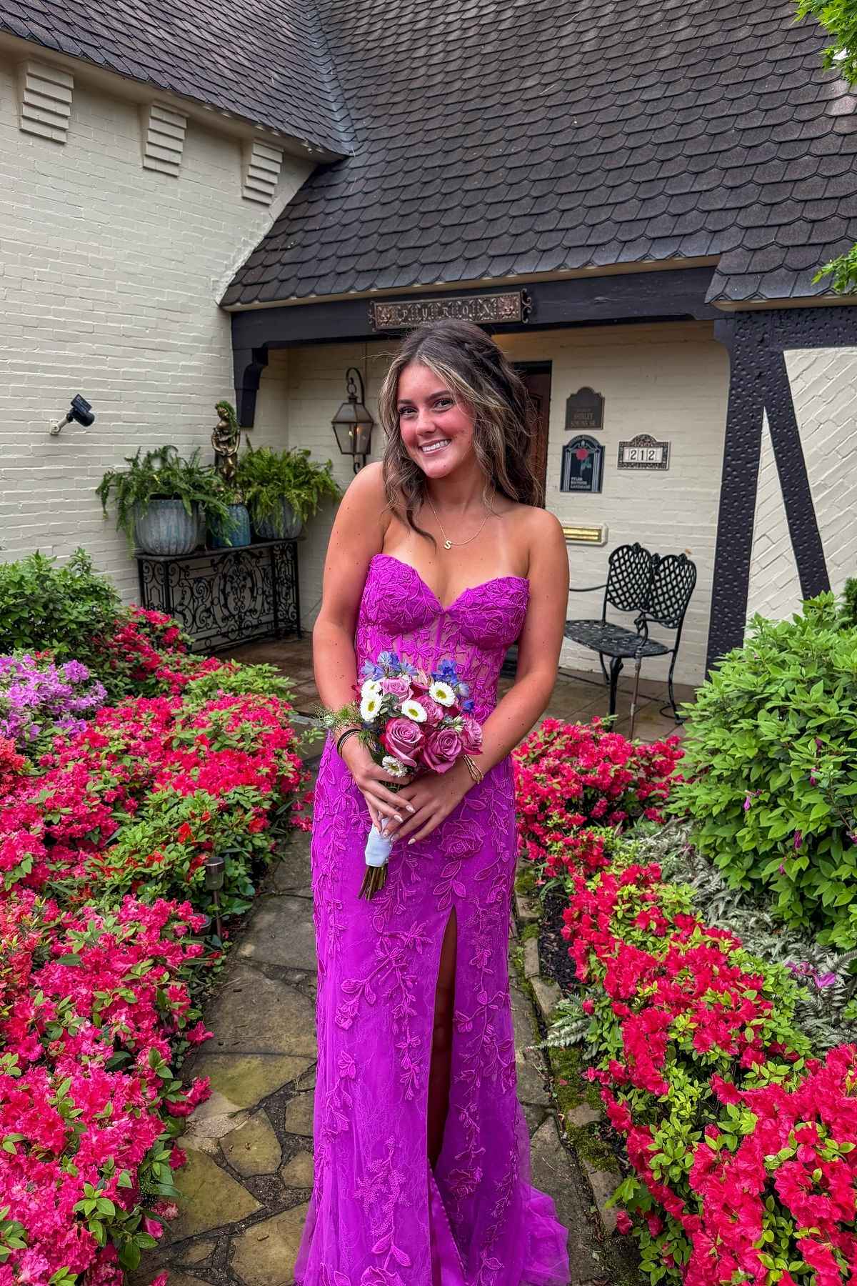 Strapless Yellow Lace Appliques Long Prom Dress