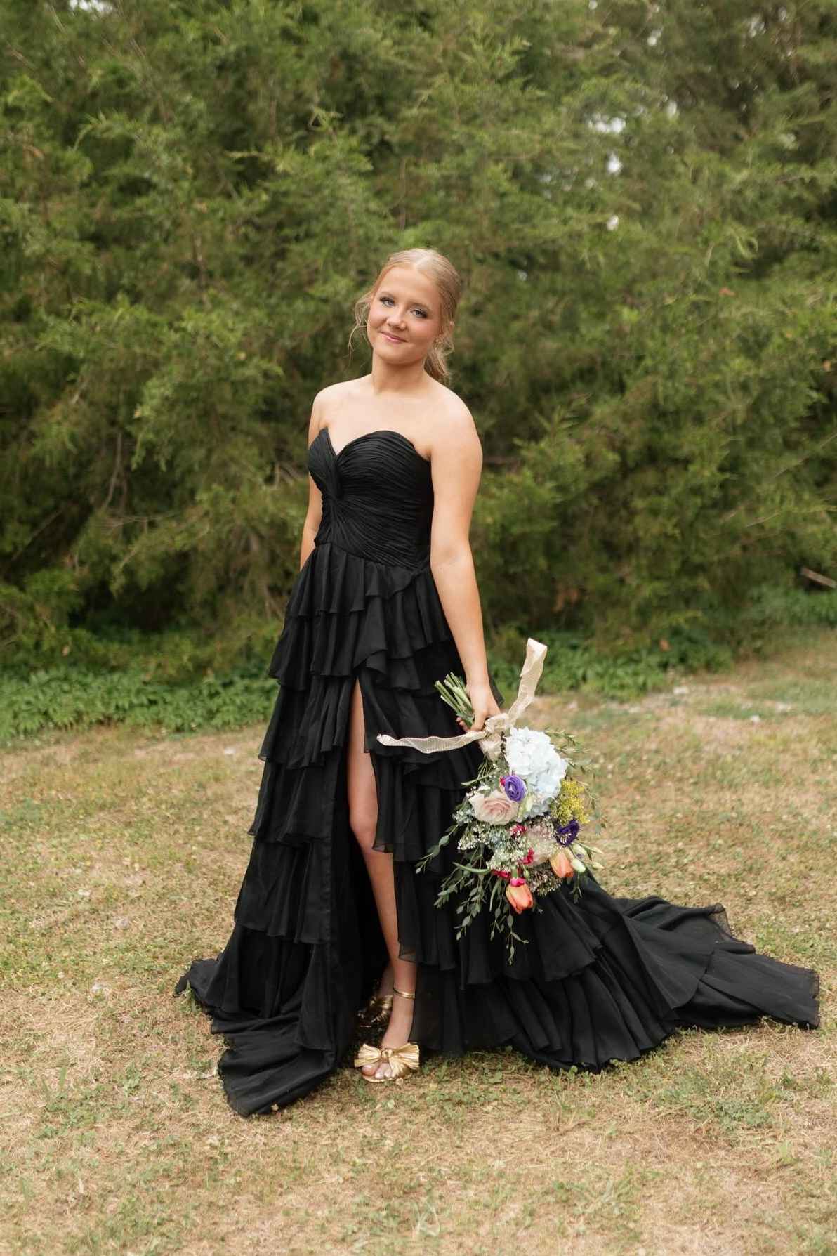Strapless Yellow Pleated Tiered Long Dress with Slit