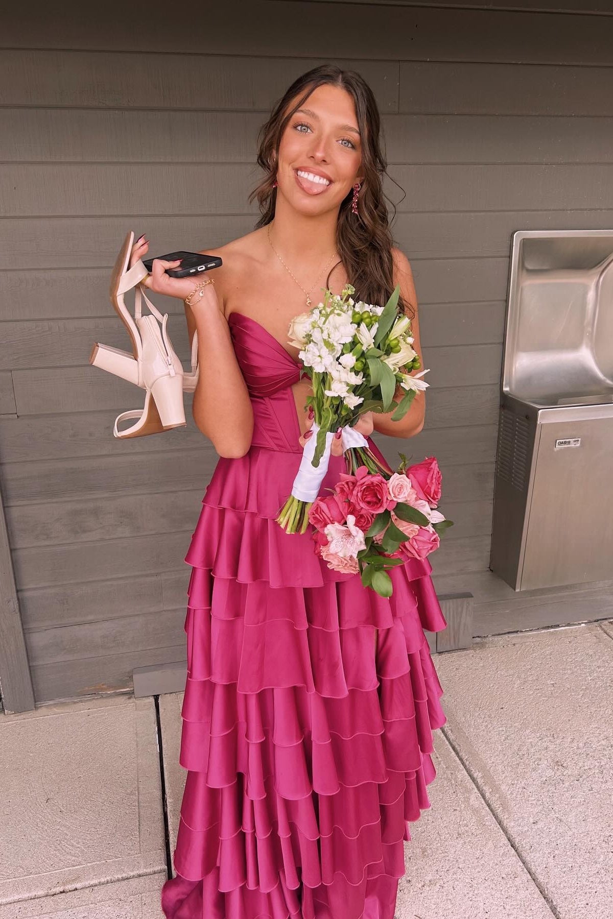 Strapless Yellow Pleated Tiered Long Dress with Slit