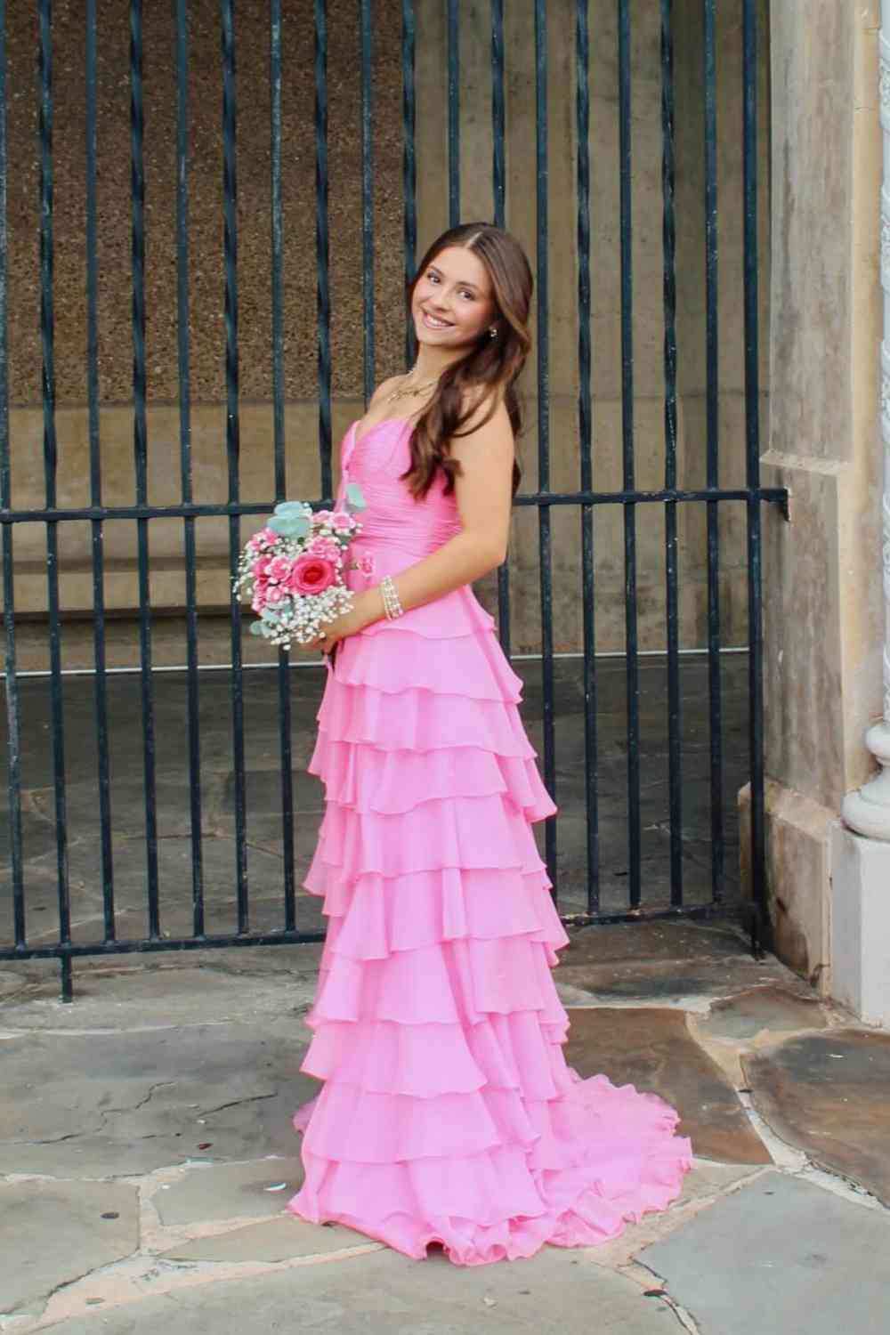 Strapless Yellow Pleated Tiered Long Dress with Slit
