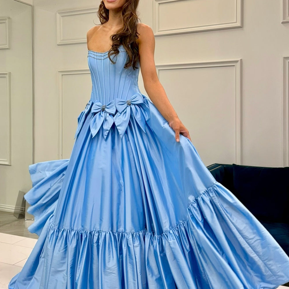 
                      
                        Strapless Pink Ruffle Long Dress with Bow
                      
                    