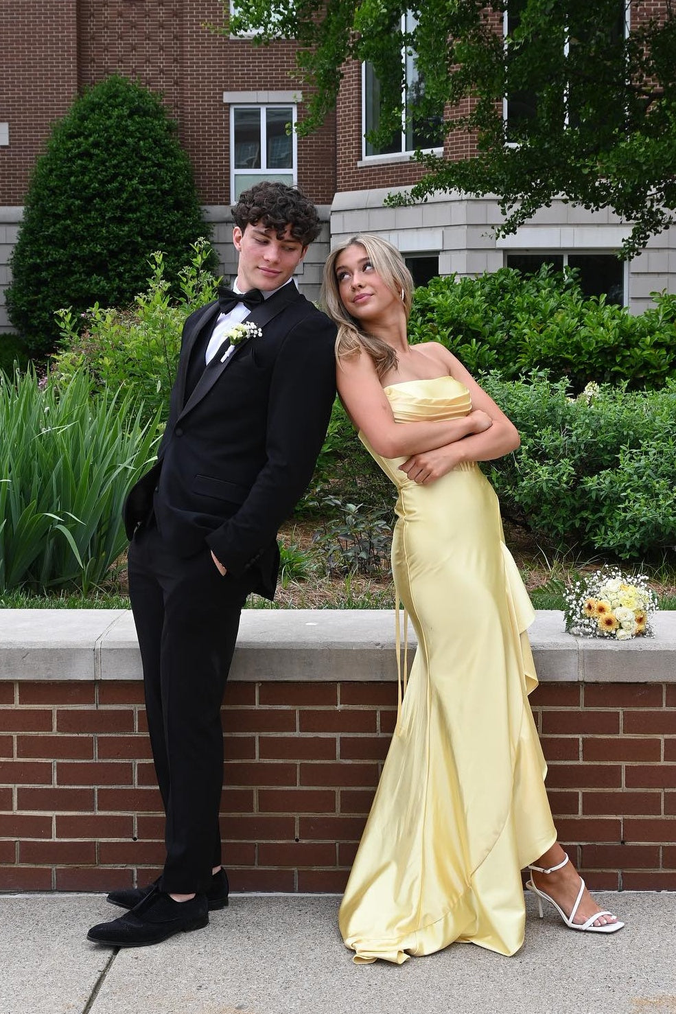 Strapless Yellow Ruffled Hem Long Dress with Slit