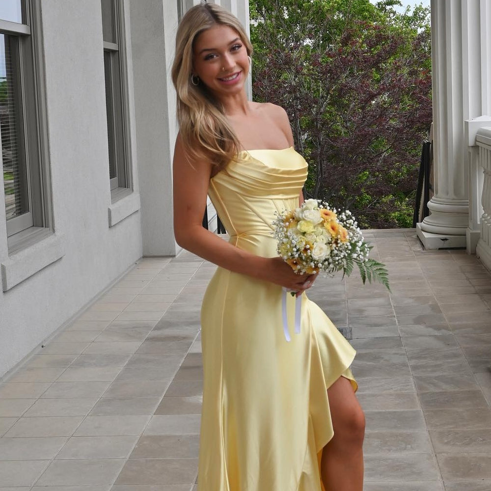Yellow Cart Ruffle Strapless Yellow Ruffled Hem Long Dress with Slit – PollyBoutique