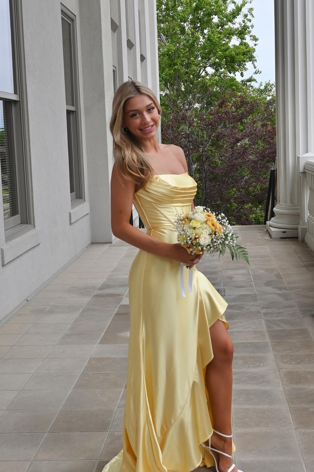 Strapless Yellow Ruffled Hem Long Dress with Slit – PollyBoutique