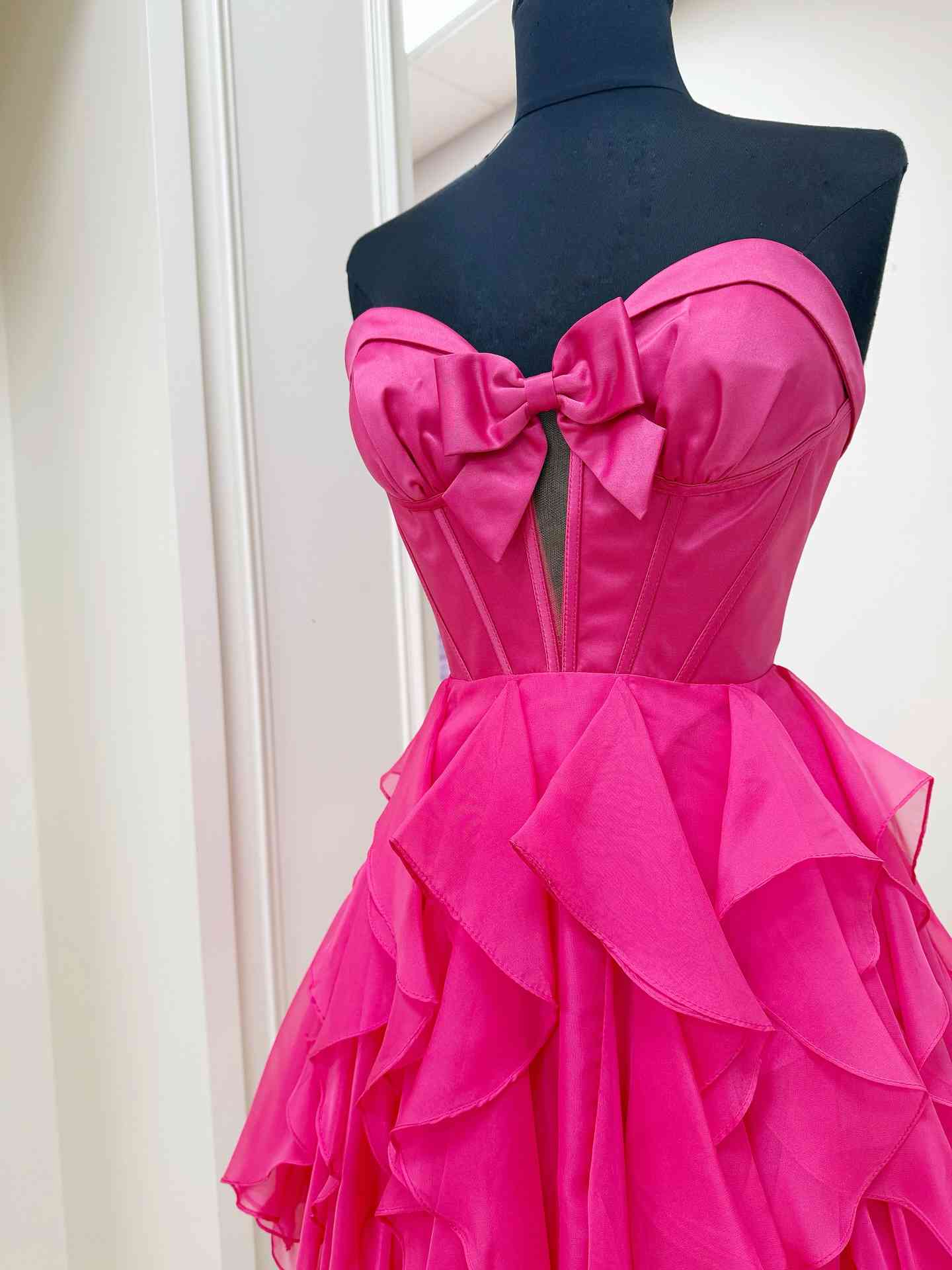 Strapless Yellow Ruffled Short Short Dress with Bow