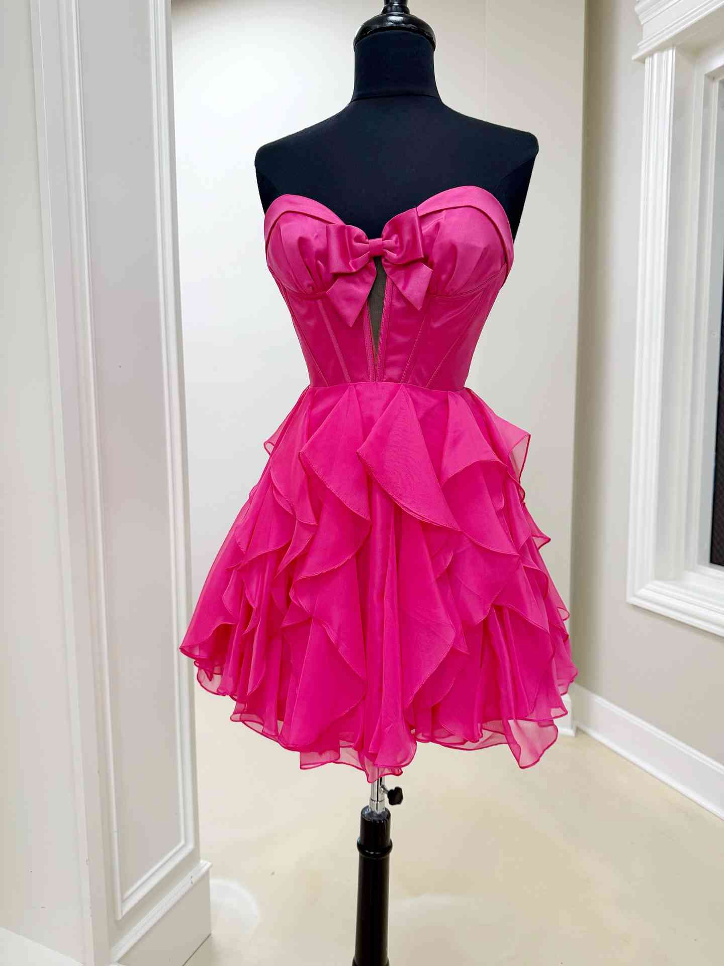 Strapless Yellow Ruffled Short Short Dress with Bow