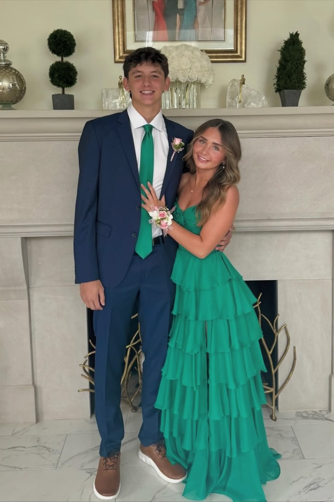 Strapless Yellow Tiered Long Dress with a Rosette