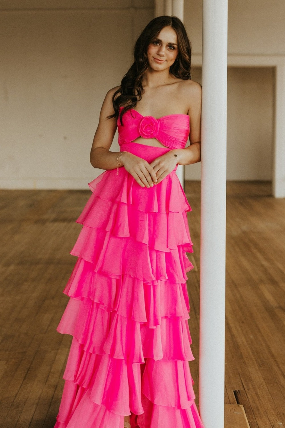 Strapless Yellow Tiered Long Dress with a Rosette