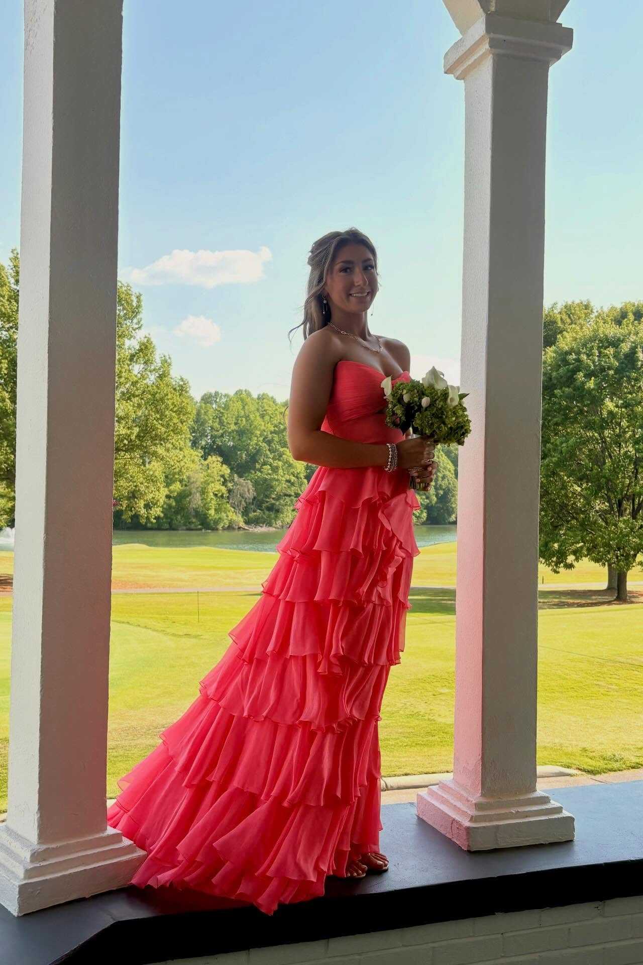 Strapless Yellow Tiered Long Dress with a Rosette