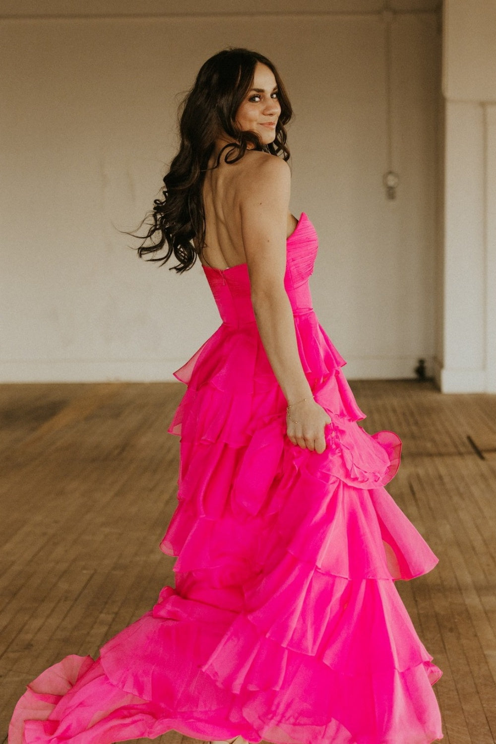 Strapless Yellow Tiered Long Dress with a Rosette