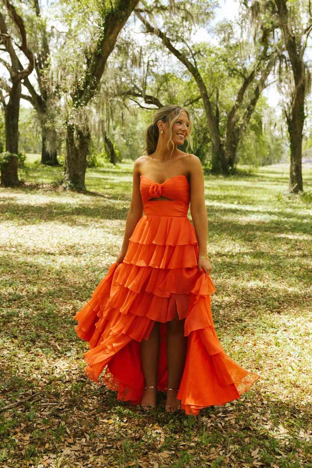 Strapless Yellow Tiered Long Dress with a Rosette
