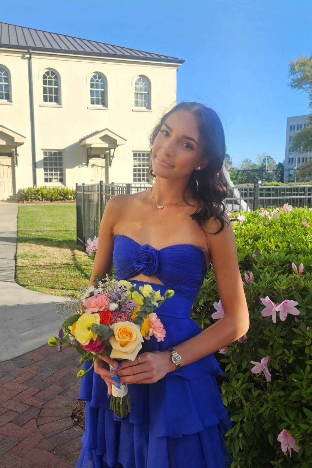 Strapless Yellow Tiered Long Dress with a Rosette