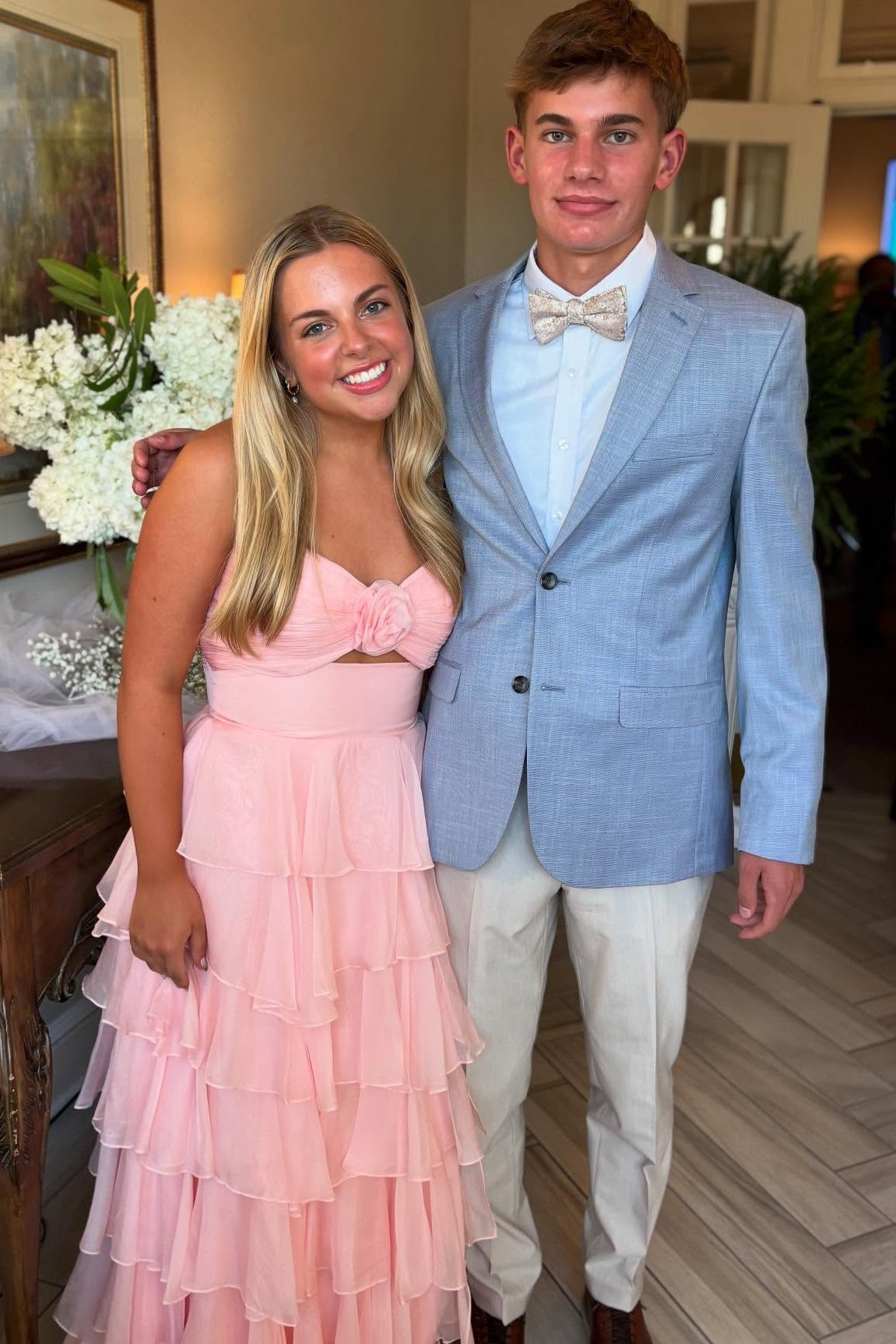 Strapless Yellow Tiered Long Dress with a Rosette
