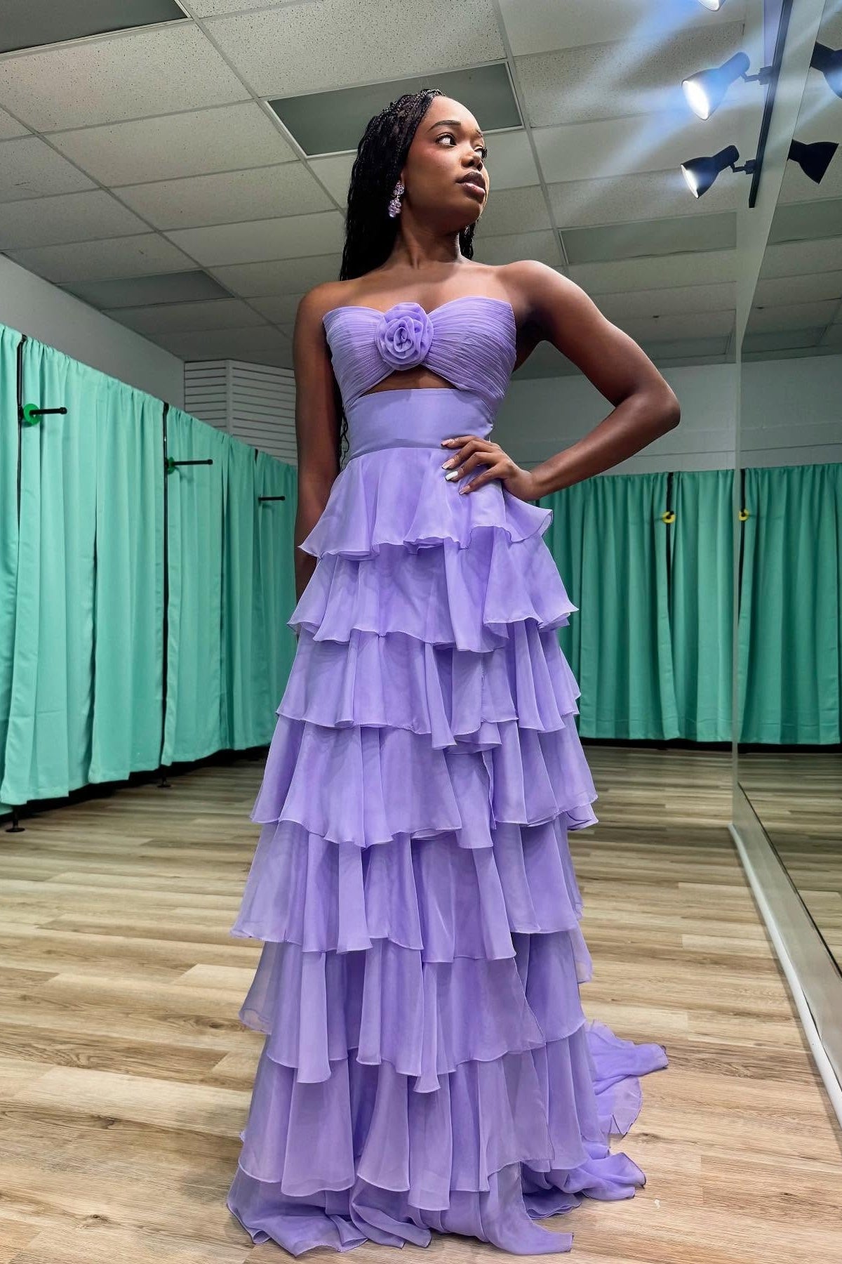 Strapless Yellow Tiered Long Dress with a Rosette