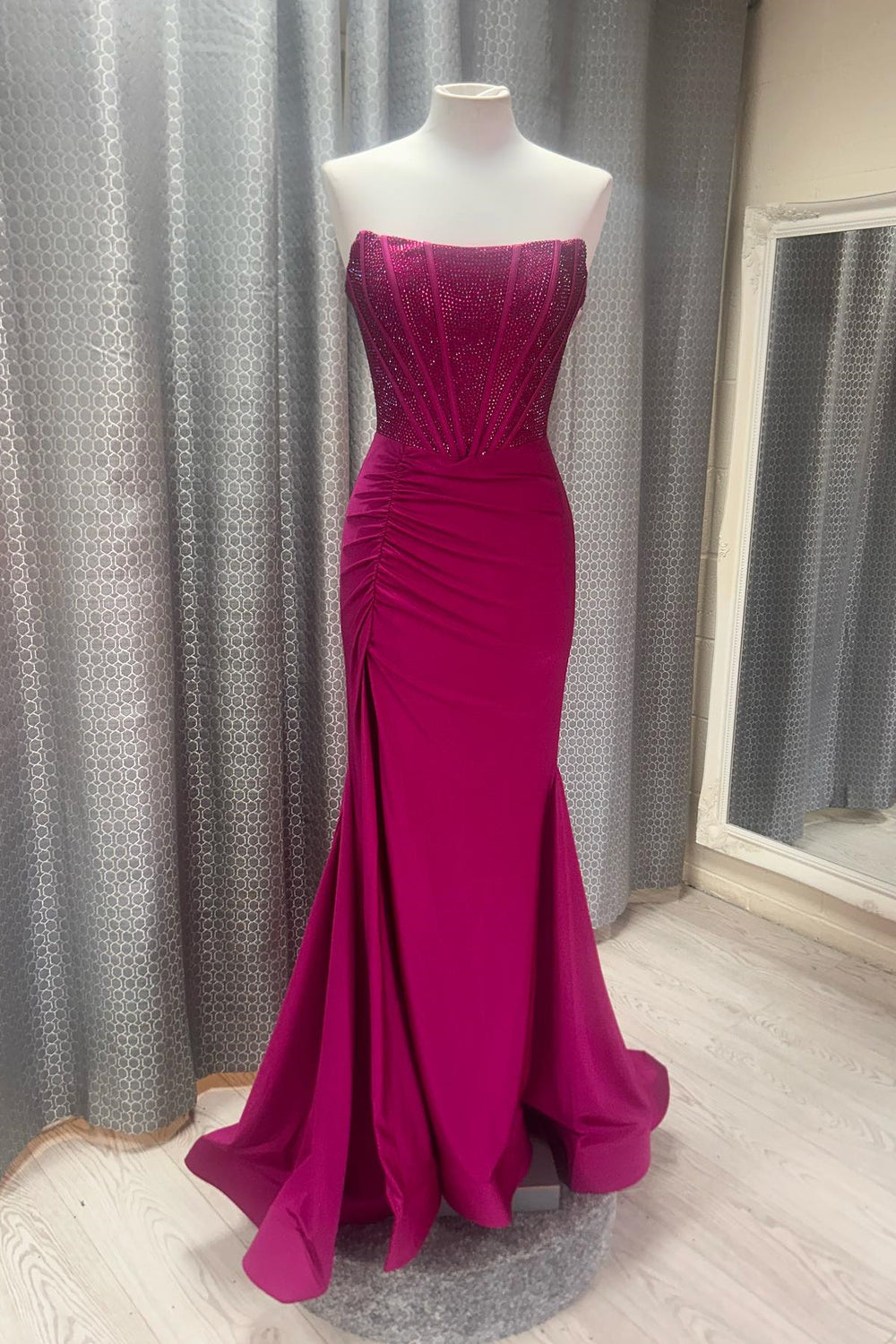 Strapless Fuchsia Ruched Mermaid Long Party Dress