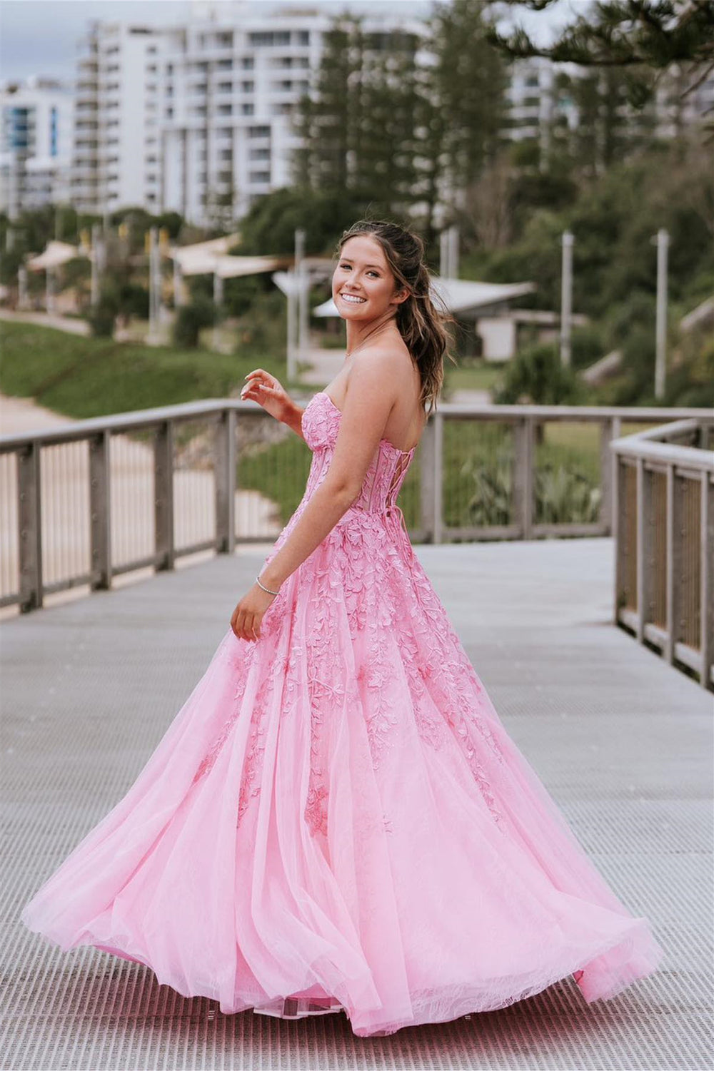 Strapless Pink Lace Appliques Long Prom Dress