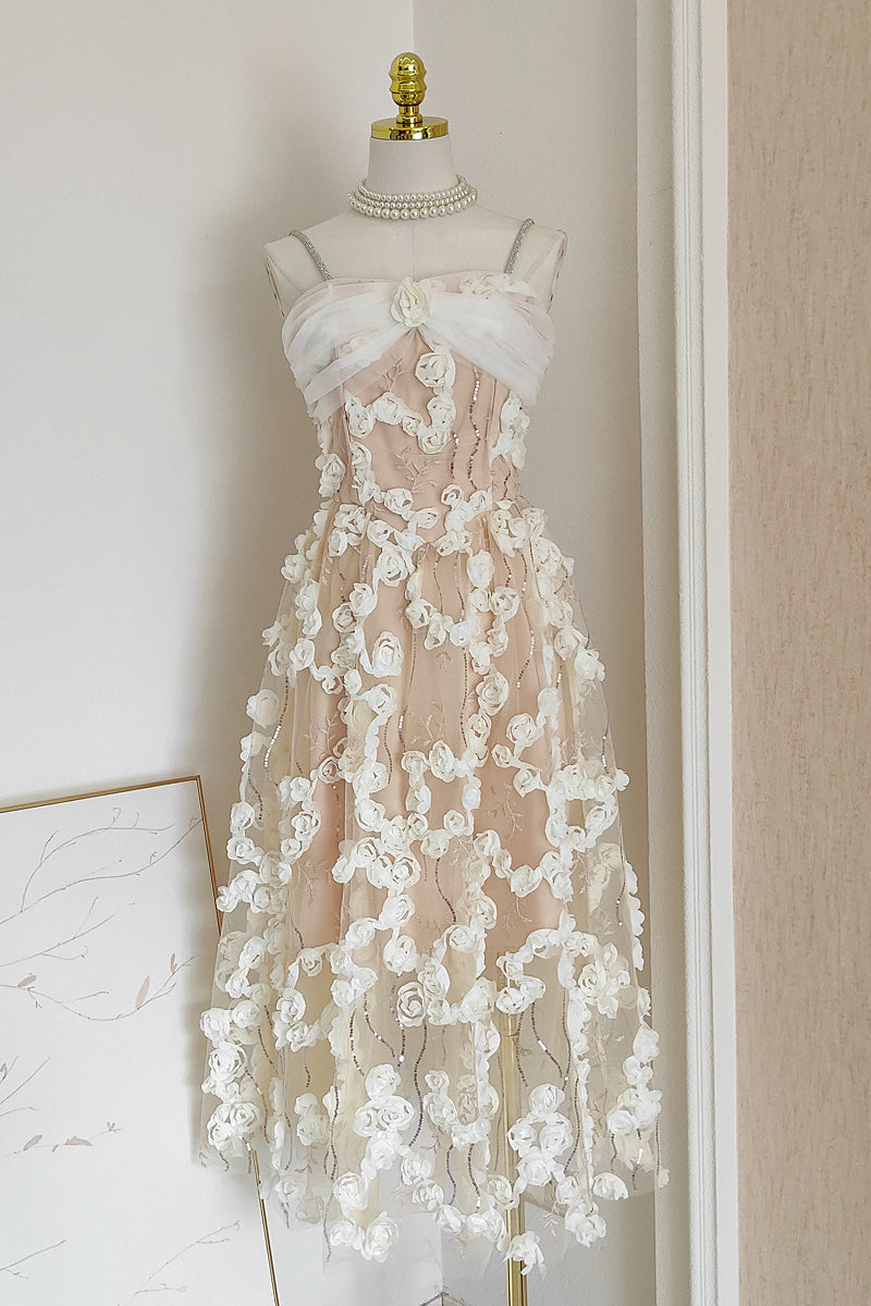 Straps Apricot 3D Floral A-line Long Dress with Sequins