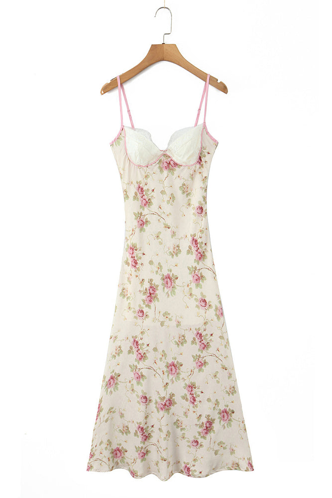 
                      
                        Straps Apricot Floral Print A-line Maxi Dress with Lace
                      
                    