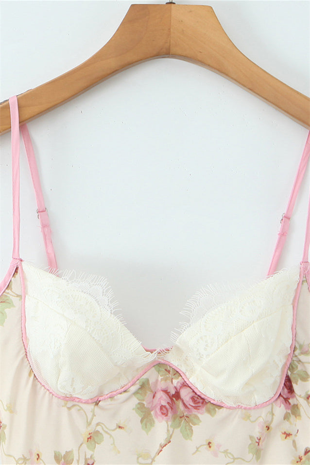 
                      
                        Straps Apricot Floral Print A-line Maxi Dress with Lace
                      
                    