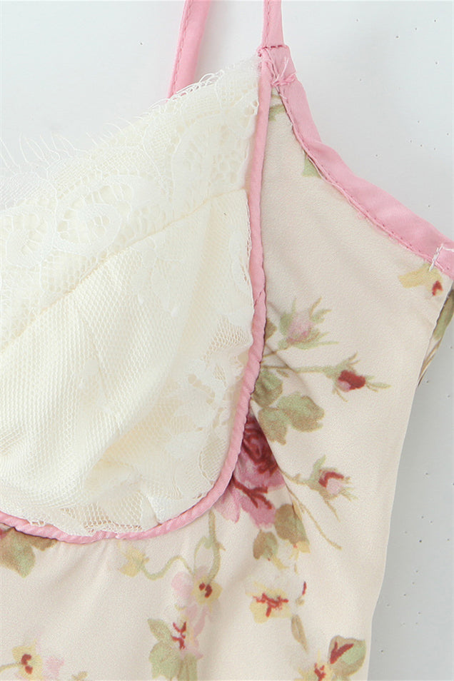 
                      
                        Straps Apricot Floral Print A-line Maxi Dress with Lace
                      
                    