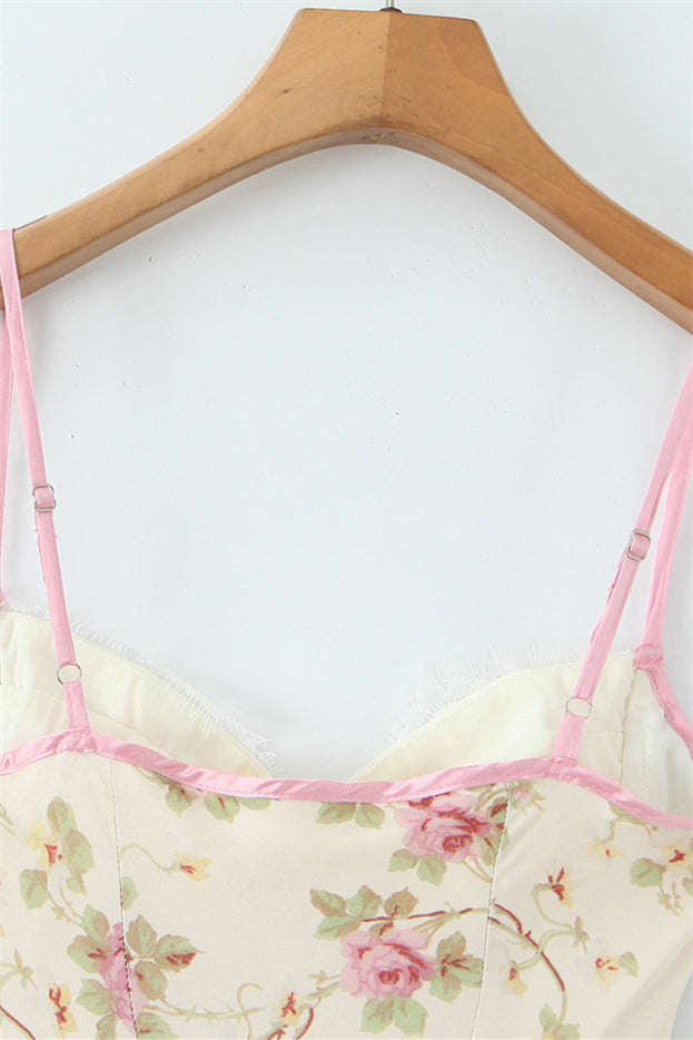 
                      
                        Straps Apricot Floral Print A-line Maxi Dress with Lace
                      
                    