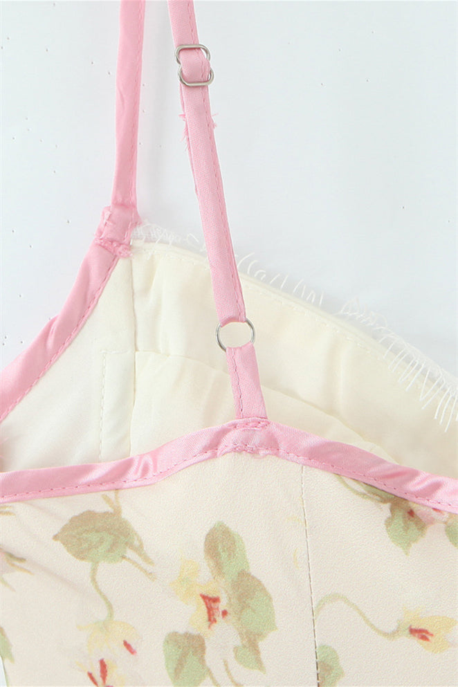 
                      
                        Straps Apricot Floral Print A-line Maxi Dress with Lace
                      
                    