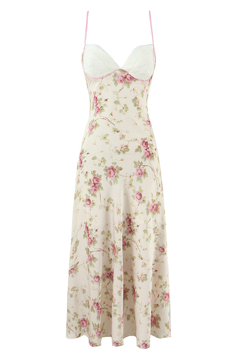 Straps Apricot Floral Print A-line Maxi Dress with Lace