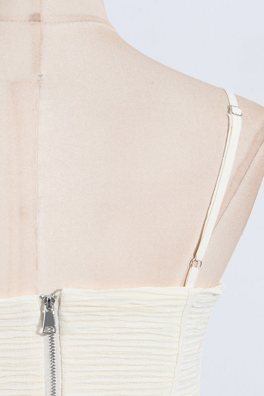 
                      
                        Straps Apricot Pleated Long Dress with Slit
                      
                    