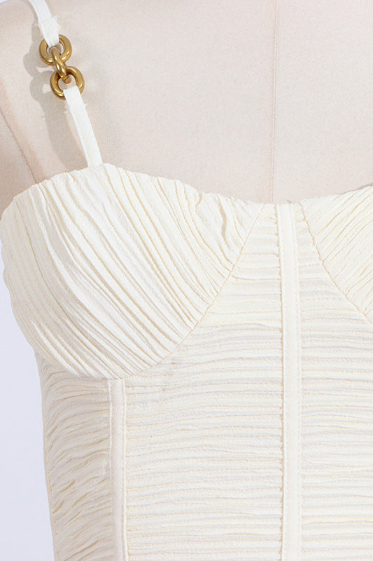 
                      
                        Straps Apricot Pleated Long Dress with Slit
                      
                    