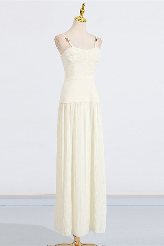 
                      
                        Straps Apricot Pleated Long Dress with Slit
                      
                    