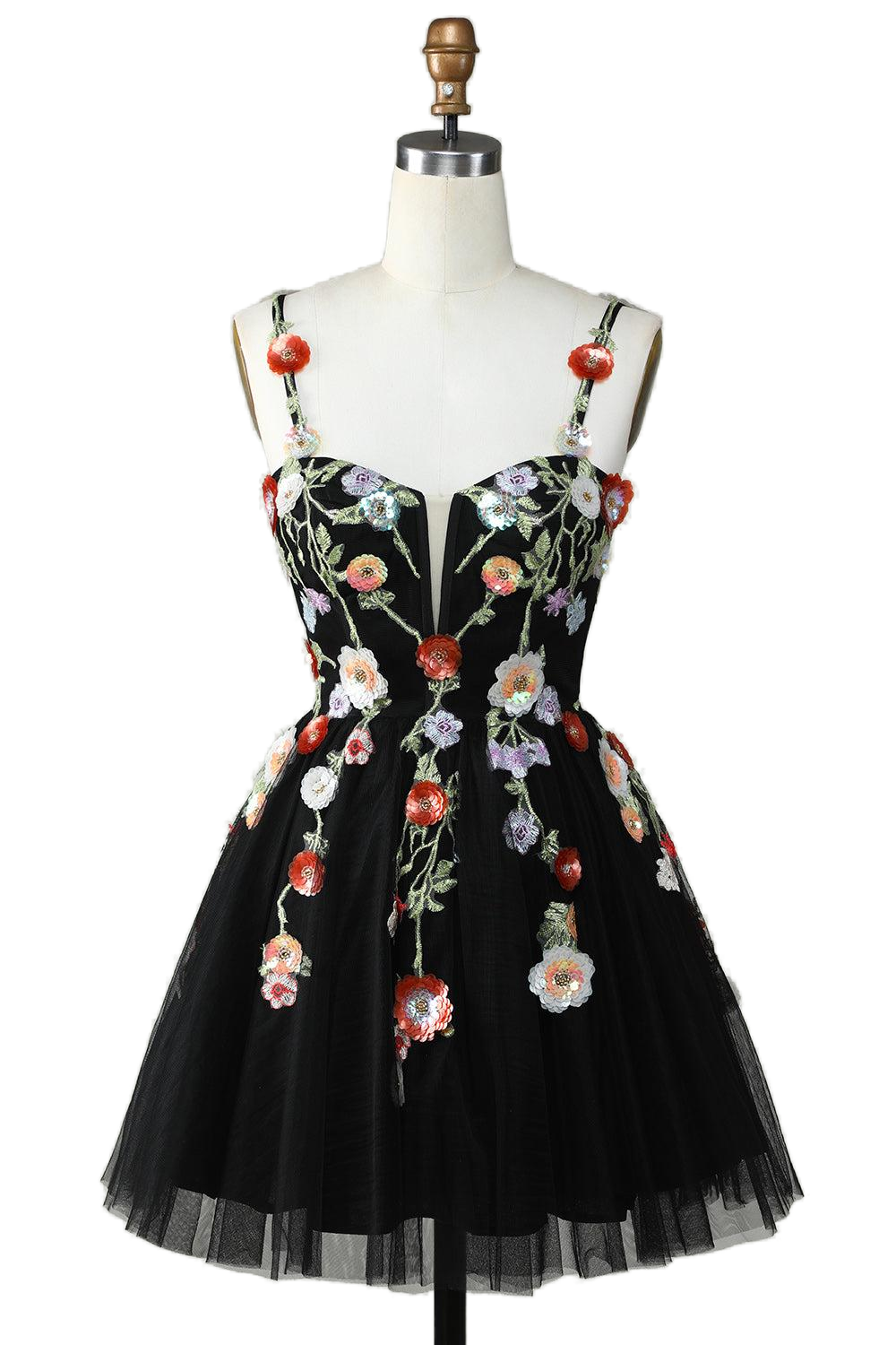 Straps Black 3D Flower Short Princess Dress