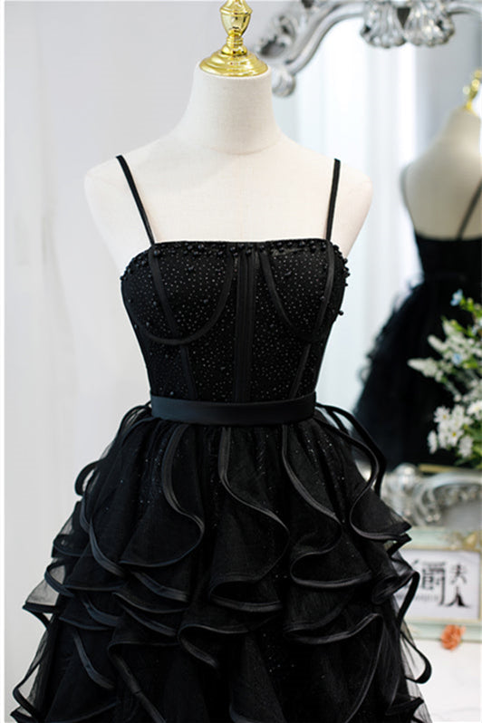 
                      
                        Straps Black Beaded Layered A-line Short Dress
                      
                    