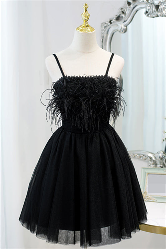 Straps Black Feather A-line Short Dress