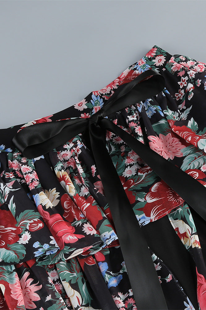 
                      
                        Straps Black Floral Print Ruffle Tiered Long Dress
                      
                    