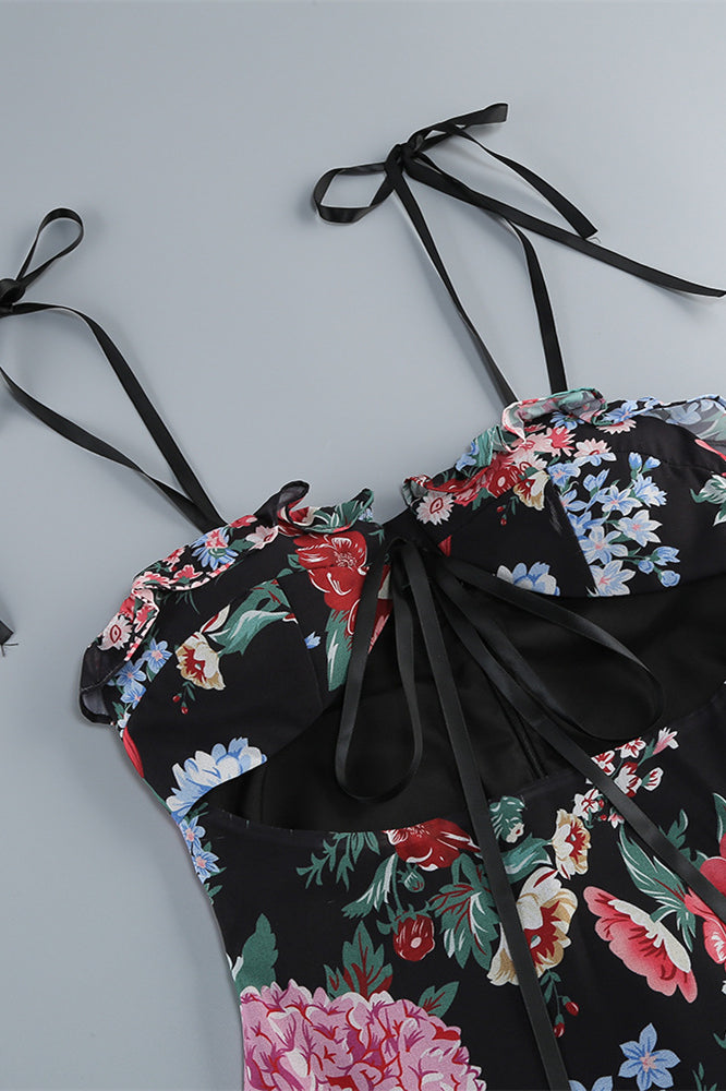 
                      
                        Straps Black Floral Print Ruffle Tiered Long Dress
                      
                    