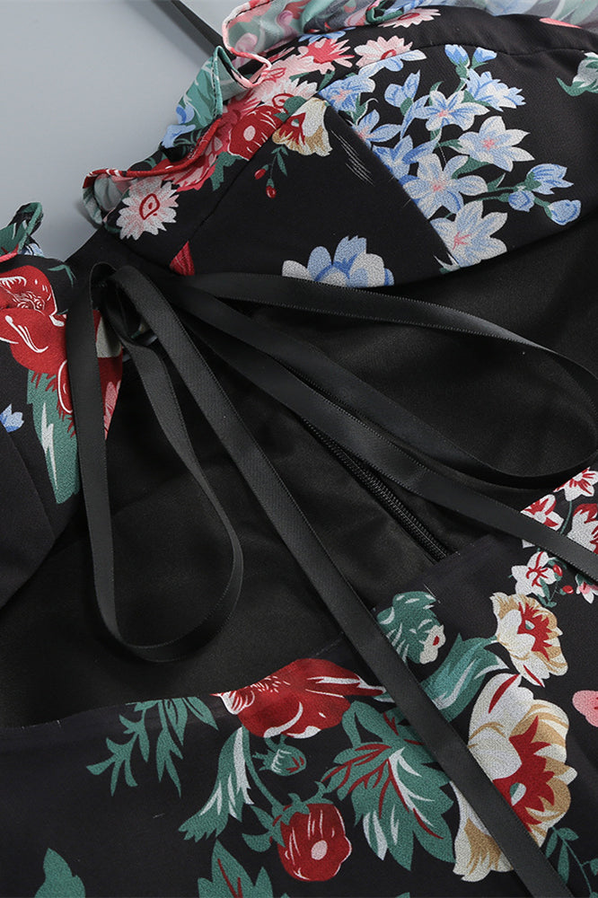 
                      
                        Straps Black Floral Print Ruffle Tiered Long Dress
                      
                    